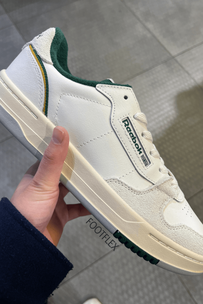 Reebok Phase Court in White with Green and Mustard, leather trainers, low, lace up, suede detailing