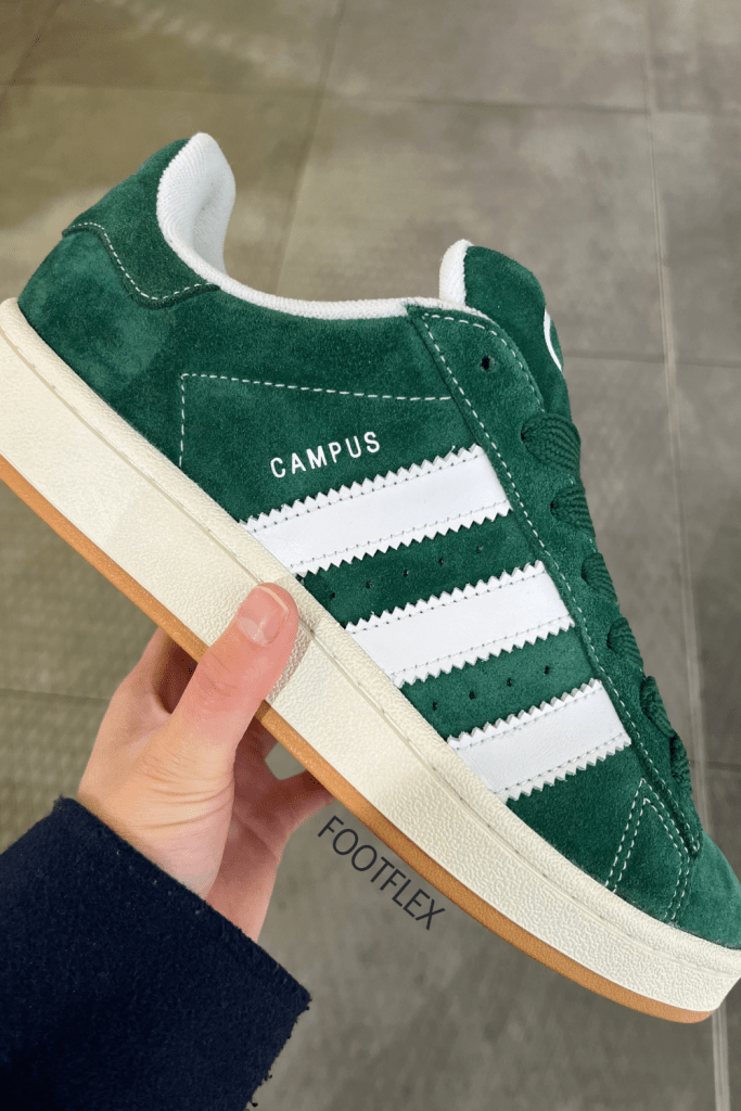 Adidas Campus OG in Velvet Green, suede, three striped, lace, white lining, brown sole