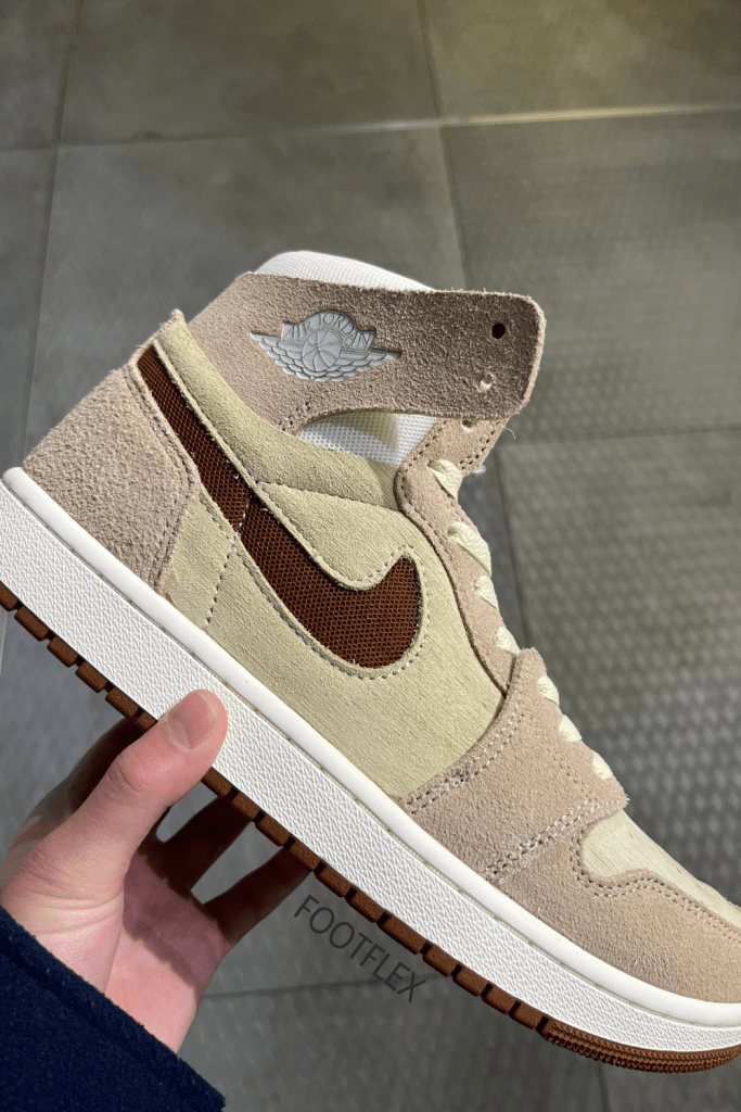 Air 1 High Zoom CMFT 2 sneakers from Jordan. In a Sail and Legend Mid Brown colour block design, hi-top trainers, suede leather, beige brown