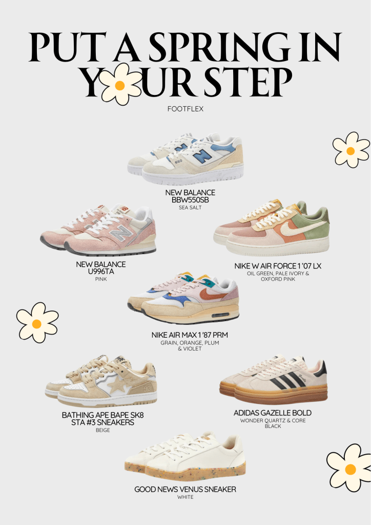 Put a spring in your step, new balance 550 trainers, nike air force 1, pink new balance, nike air max, gazelle, bathing ape bape, good news venus sneakers