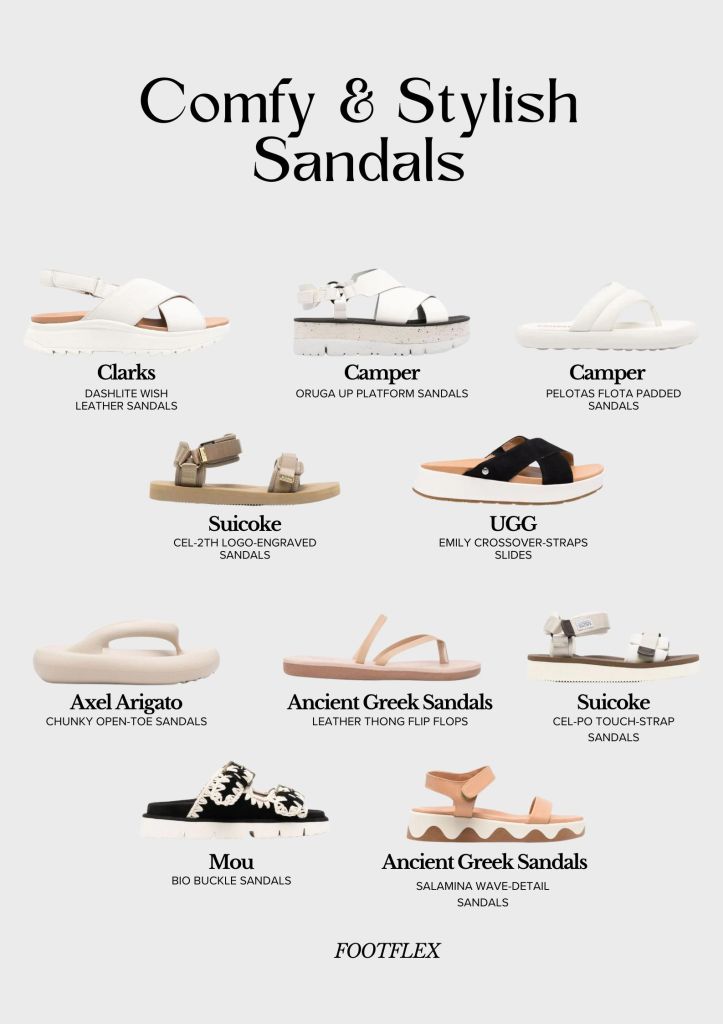 Comfy, stylish sandals, white, brown, black, strappy, flipflop, buckle, thong, leather, platforms, wave detail