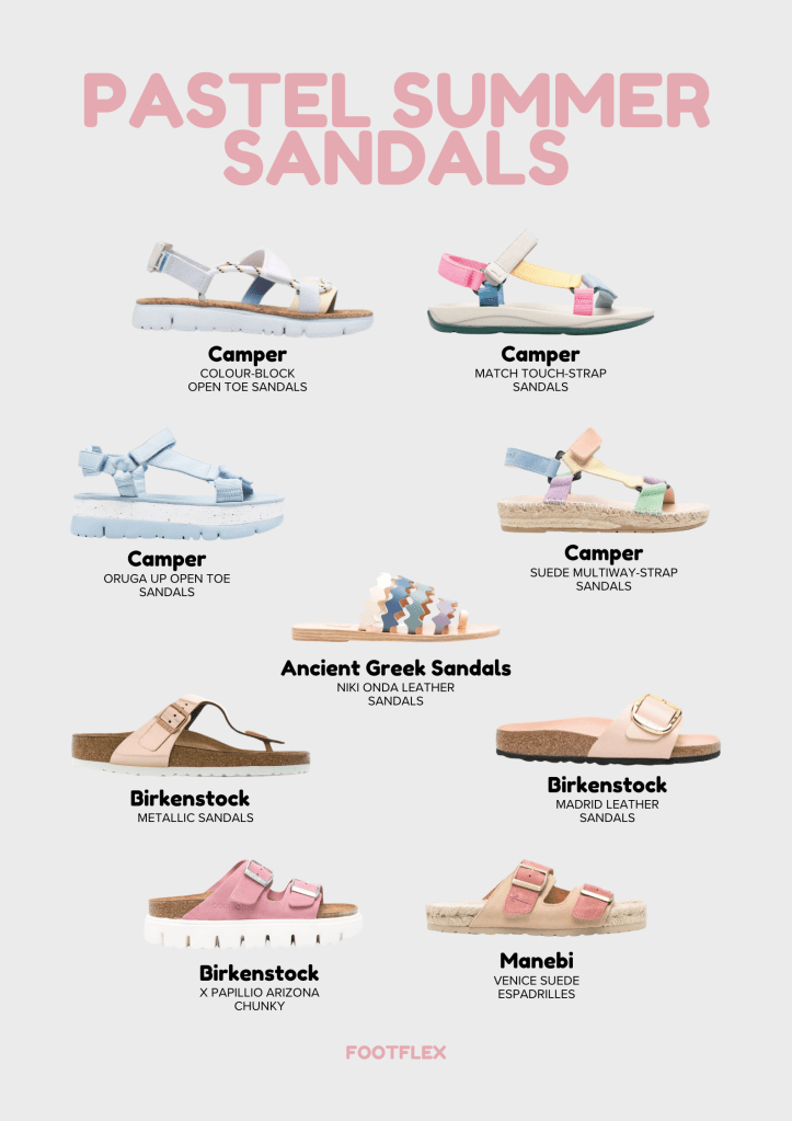 Pastel summer sandals, buckle, block, velcro, open toe, touch strap, multiway strap, leather, slip on, metallic, espadrilles