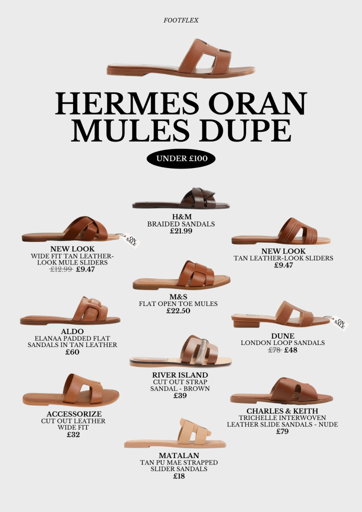 Hermes Oran Mules Dupe, New Look, H&M, Aldo, M&S, Dune, River Island, Accessorize, Charles & Keith, Matalan