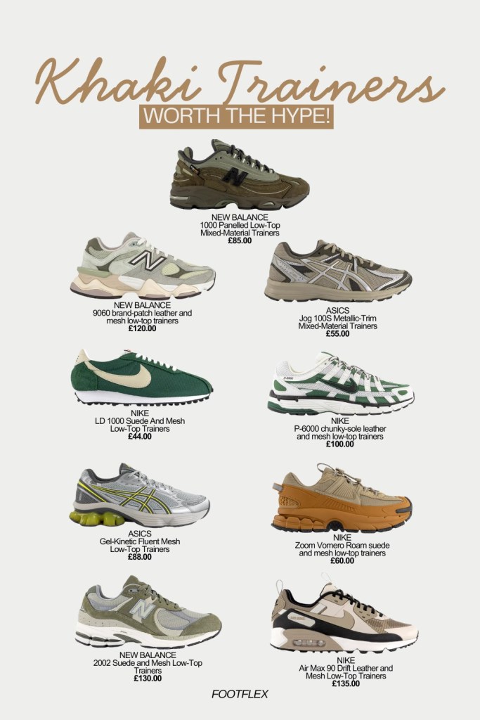 Khaki Trainers, Neutral Sneakers, Street Style, Sneaker Trends, Everyday Kicks, FootFlex, Sneaker Head, Mens Style, Casual Fit, New Balance, ASICS, Nike, Minimal Style, Sporty Look, Smart Casual, Style Essentials, On The Go Style, Fresh Kicks, Daily Outfit,