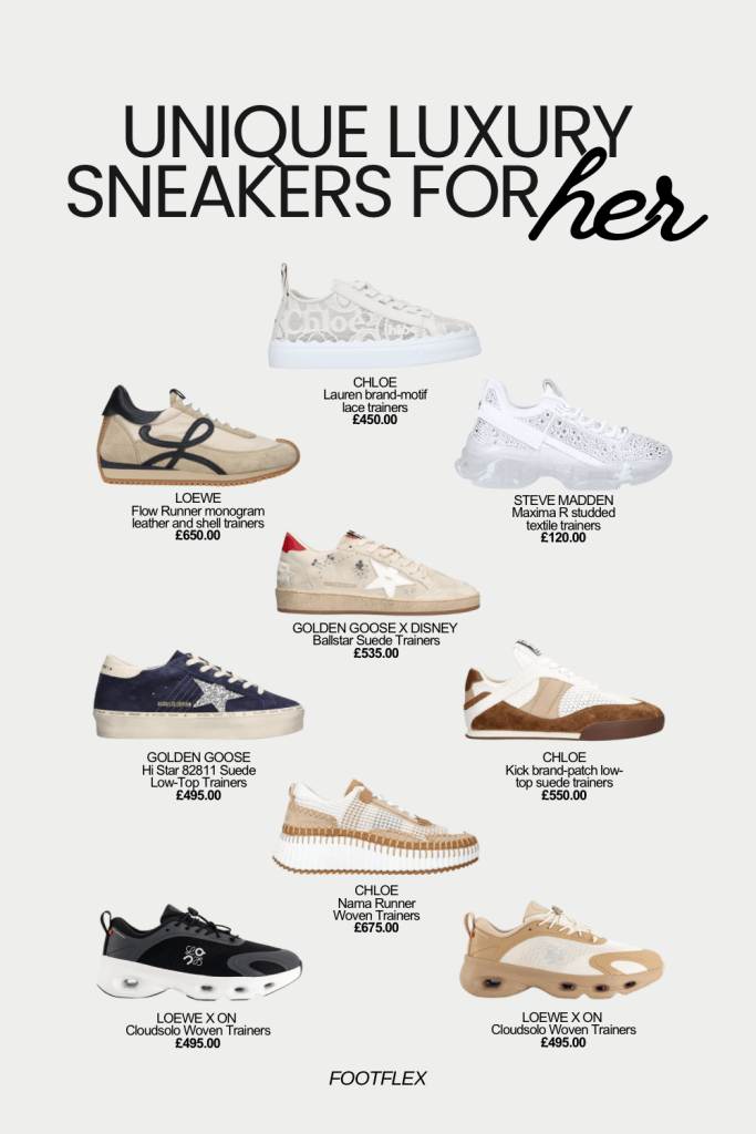 Luxury Sneakers, Designer Footwear, High-End Fashion, Sneaker Style, Luxury Lifestyle, Footwear Fashion, Sneaker Goals, Chloe Sneakers, Golden Goose, Loewe Style, Fashionista, Sneaker Love, Street Style, Footwear Trends, and Exclusive Sneakers.