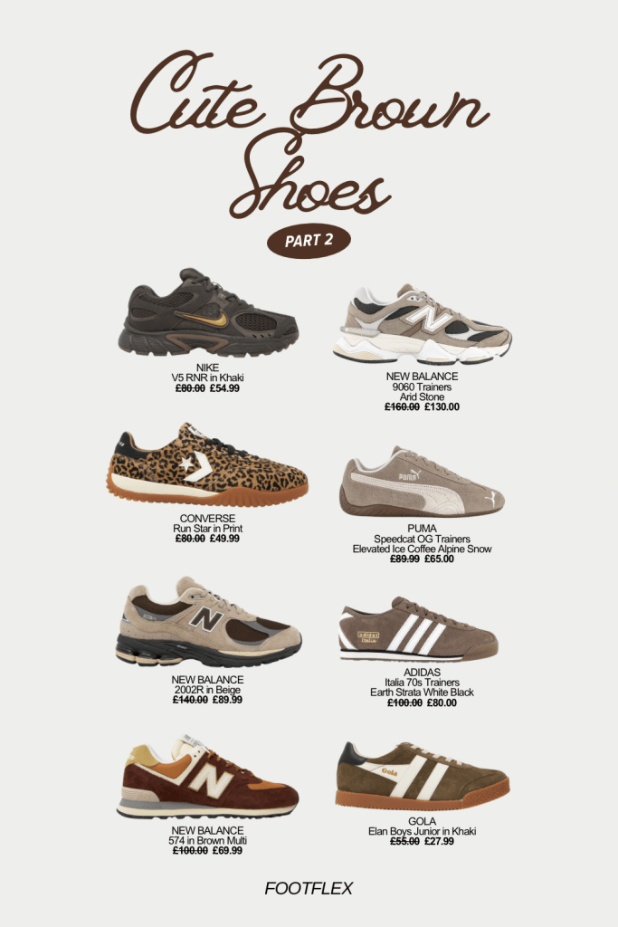 Cute Brown Shoes, Trendy Sneakers, Brown Sneakers, Casual Kicks, Brown Trainers, Sporty Look, Comfortable Style, Affordable Kicks, Sneaker Goals