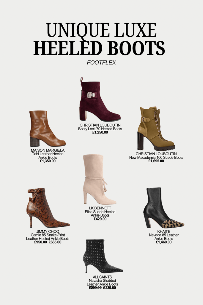 Maison Margiela Tabi Leather Boots, Christian Louboutin Booty Lock Boots, Christian Louboutin New Macadamia Boots, Jimmy Choo Snake-Print Boots, LK Bennett Eliza Suede Boots, Khaite Nevada Leather Boots, AllSaints Natasha Studded Boots, Luxury Footwear, Heeled Boots, Designer Boots, High-End Fashion, Stylish Boots, Fashion Forward, Footwear Trends, Luxury Lifestyle, Ankle Boots.